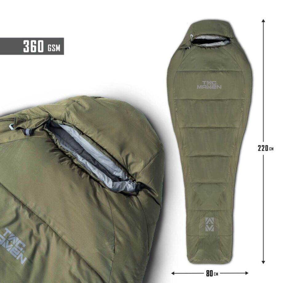 D19003-72-RAL7013/mix. Spacák Tac Maven Mummy 360 GR/M² - RAL7013/mix. Tento spací vak navrhnutý pre teploty až -18 °C je dodávaný s kompresným vakom Oxford pre ľahkú prepravu.